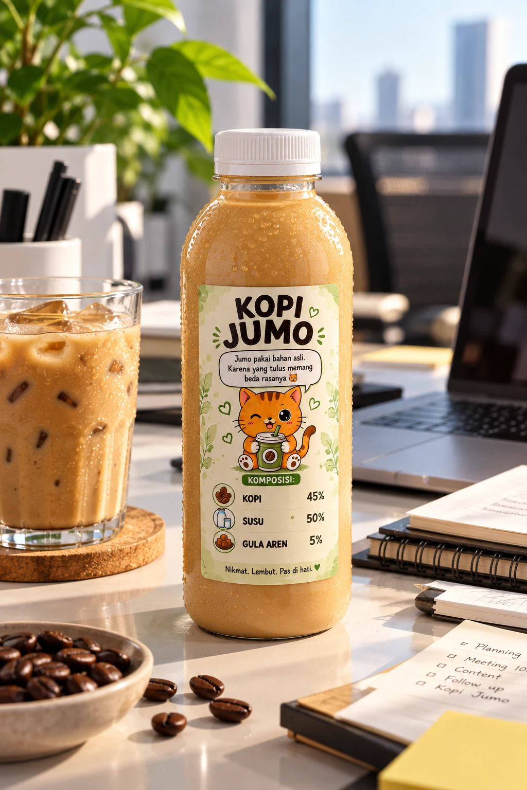 Botol Kopi Jumo Segar dengan Es Kopi dan Croissant